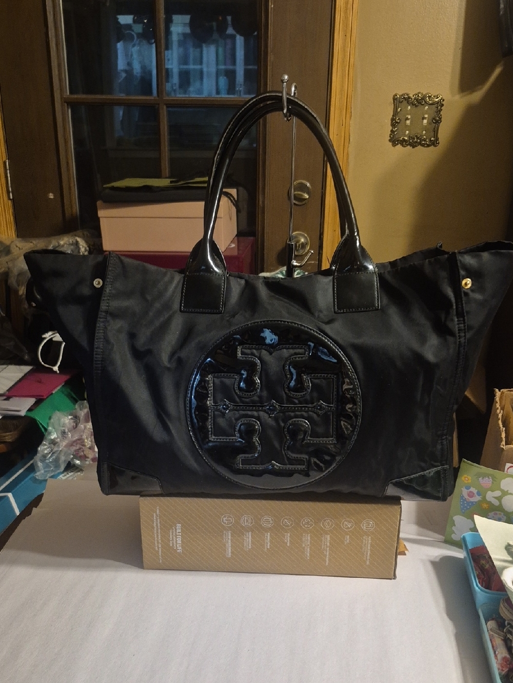 Authentic Tory Burch Black Nylon Tote with Patent Logo